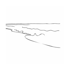 Minimalist black line drawing of ocean beach shore and wavy water abstract landscape