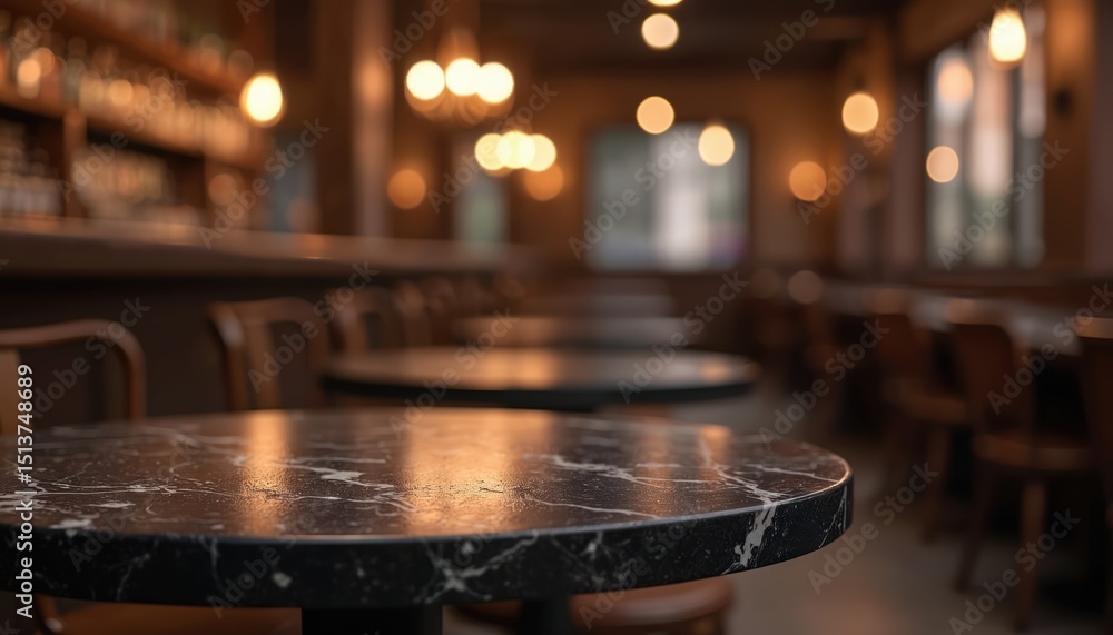 Poster empty stylish cafe interior background. dark marble table in foreground. blurred background of bar, 