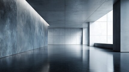 Minimalist concrete space with smooth floor and textured wall, clean lines and neutral tones. Serene simplicity in modern architecture.
