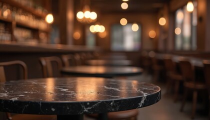 Empty stylish cafe interior background. Dark marble table in foreground. Blurred background of bar, pub with round tables and chairs. Blank space for product placement, promo, ads or montage.