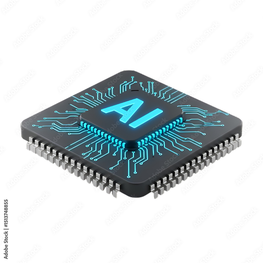 Poster 3d render of ai microchip circuit board isolated on white background