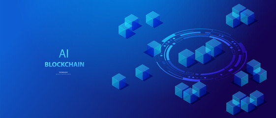 Blockchain isometric concept. Cryptocurrency and blockchain connected cube blocks banner. Big data Ai chain technology background. Data transmission crypto operations vector.