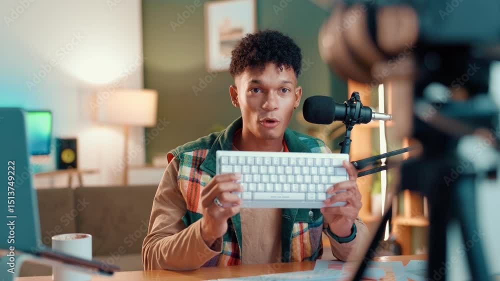 Poster camera, live streaming and man with keyboard for review, opinion or demonstration for content creati
