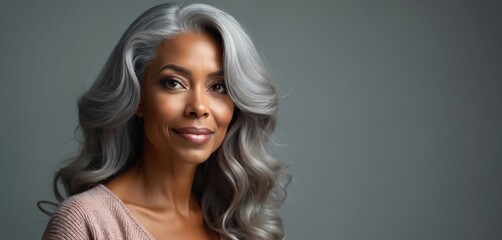 Portrait beautiful older black woman with elegant grey hair. Mature female beauty model poses for photoshoot in studio. Copy space on grey background. Diverse skin tone, natural look for commercial