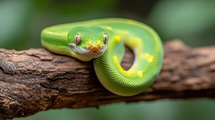 Fototapeta premium A captivating close-up portrays a vibrant green snake resting on a branch, highlighting its enchanting patterns and the beauty of wildlife in its natural habitat.