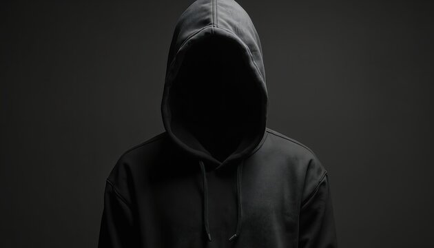 Black hoodie with hood obscuring face on black background. Minimalist design, simple apparel, unisex casual wear. Trendy modern fashion. Anonymous silhouette, hidden identity, dark atmosphere.