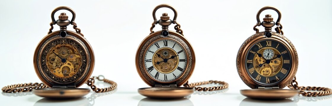 Three vintage open-face pocket watches with intricate clockwork details. Antique horology with roman numerals on a white background. Elegant metal timepieces with chains. Nostalgia concept.