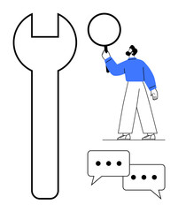 Man holding magnifying glass, large wrench symbol, and two speech bubbles with dots. Ideal for analysis, problem-solving, communication, mechanics, support, collaboration simple landing page