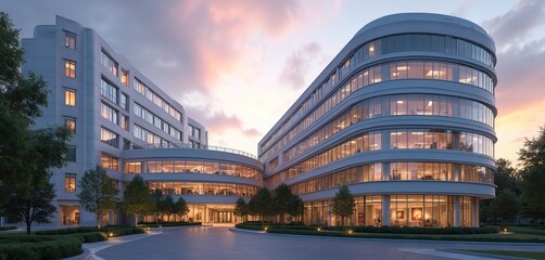 Modern corporate hospital campus exterior at sunset. Building facade with glass windows reflects warm light. Medical center provides healthcare services. Commercial architecture design. Healthcare,
