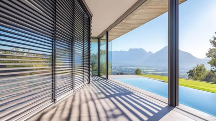 Modern home with infinity pool and mountain view. Sunlit patio with sleek blinds
