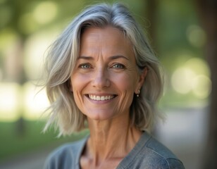 Fototapeta premium Smiling senior woman with gray hair posing outdoors. Confident female in her 50s enjoying the day. Happy lady with healthy lifestyle. Elegant portrait shows beauty and style.