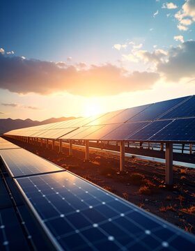 Solar panels perspective view background, green energy concept, eco electricity production