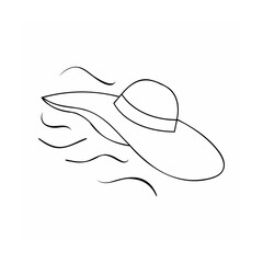 Elegant black and white illustration of a floppy sun hat with wind lines