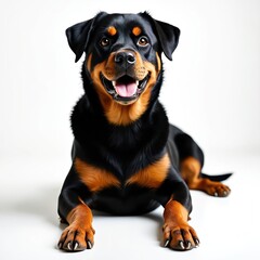 Obraz premium Rottweiler dog laying front with open mouth. Smiling happy canine pet puppy isolated on white background. Black and brown fur, domestic animal, friendly face, studio portrait.