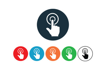 Illustrated icon set of pointing hand with finger pressing a button circle design
