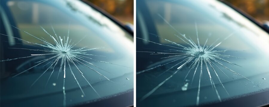 Car windshield after impact with crack. Shattered glass, broken car window, vehicle damage. Auto glass repair service, vehicle safety. Car accident concept, road risk.