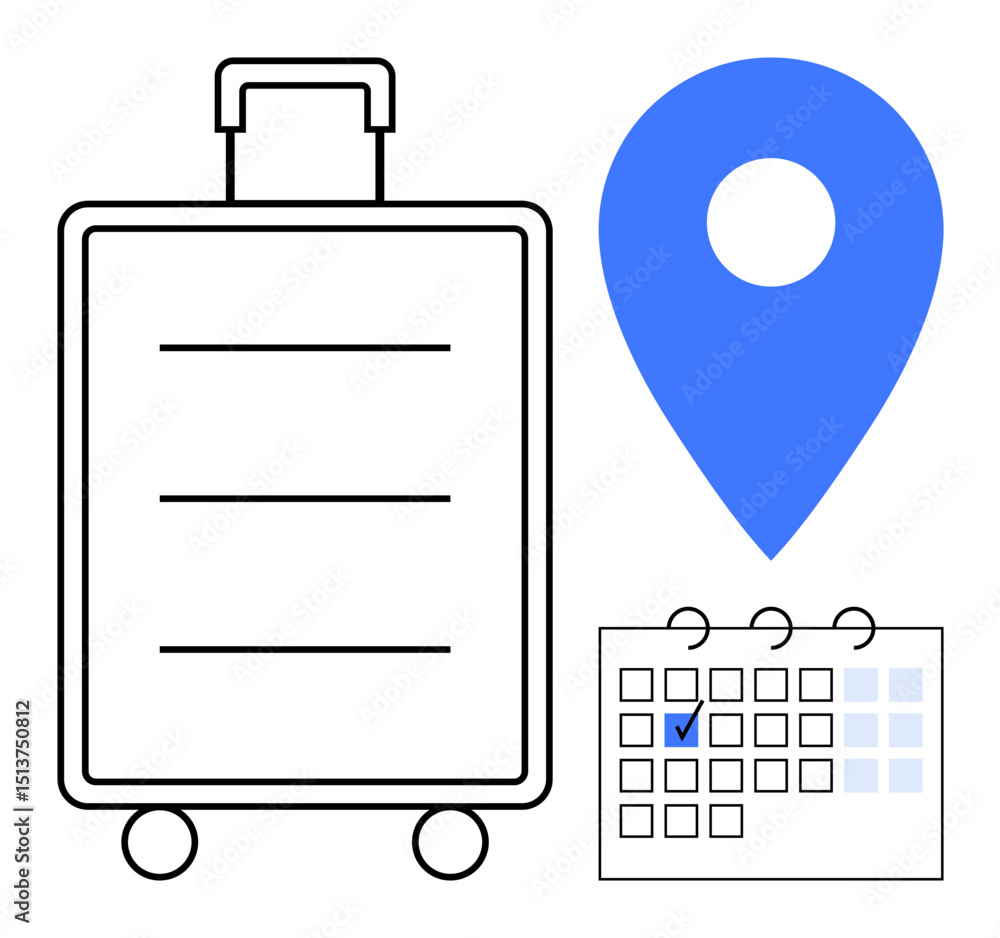 Poster minimalist suitcase design next to a calendar with a marked date and a location map pin. ideal for t