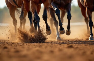 Close-up of racing horses hooves kicking dirt track. Focus on action, speed, competition in equestrian sport. Brown equine animals run fast on racetrack, showing powerful muscles, agility.