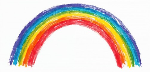 Obraz premium Hand-drawn rainbow illustration in vivid colors. Colorful, bright arc on white background. Painted with crayons paint. Childhood, joy, happiness, weather, summer, good mood, cheerfulness, art,