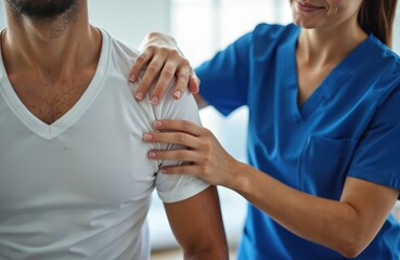 Female doctor examines male patient. Doctor physiotherapist extends patient shoulder, helping with back injury therapy, pain relief. Man in white t-shirt, medical pro helping with health