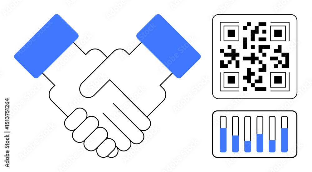 Poster handshake depicting partnership, qr code symbolizing technology, and bar graph representing data ana