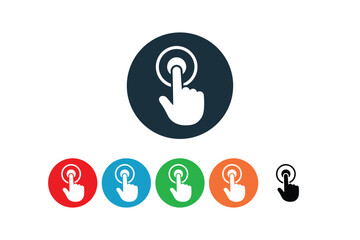 Vector illustration of a hand pressing a touch button in multiple vibrant color variations