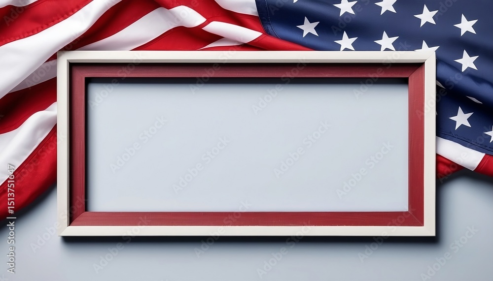 Poster rectangle horizontal usa navy frame with a red and white american flag in the background. empty copy