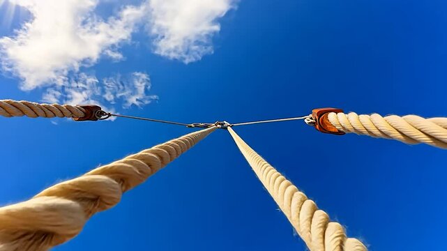 Ropes intersecting against blue sky symbolizing connection support and teamwork