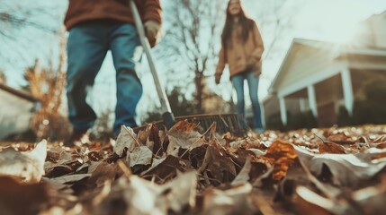 A serene outdoor scene of individuals raking autumn leaves, illuminated by gentle sunlight, capturing the joy and tranquility of seasonal changes and cooperation.
