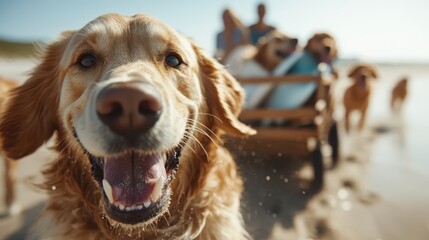 A joyful golden retriever dog running on the beach, surrounded by playful companions enjoying a sunny day, radiating happiness and the bond between pets and humans.