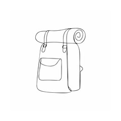 Minimalist line art illustration of a backpack with sleeping bag for outdoor adventure