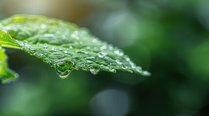 An exquisite close-up of a vibrant green leaf adorned with sparkling dew drops, showcasing nature&rsquo;s intricate details and the beauty of fresh foliage in morning light.