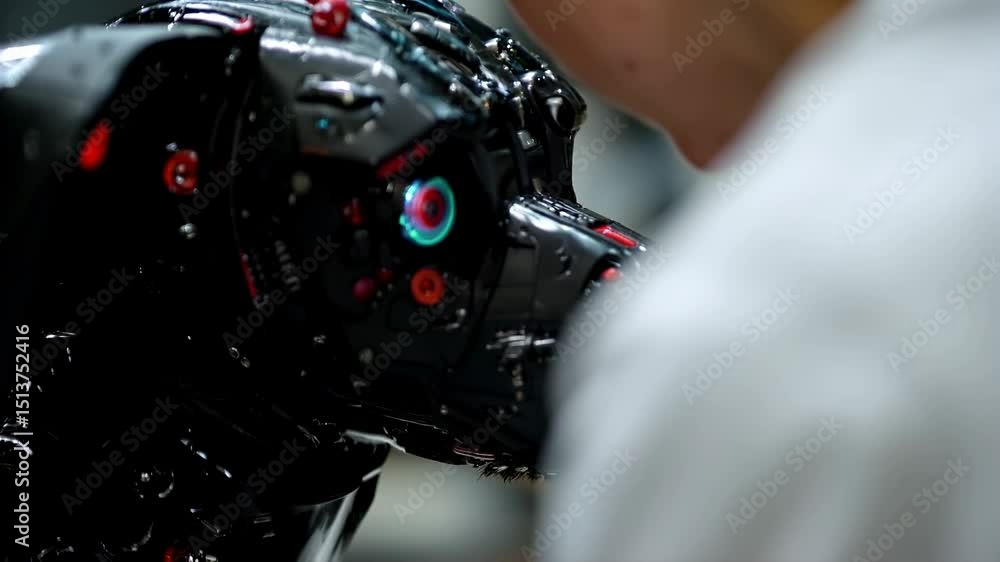 Poster an up-close view of a futuristic robot dog's face with its detailed components.