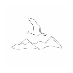 Minimalist line art depicting a bird in flight above mountains on white background
