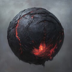 A dark, volcanic sphere, cracked and textured, reveals glowing orange lava within, set against a muted grey backdrop