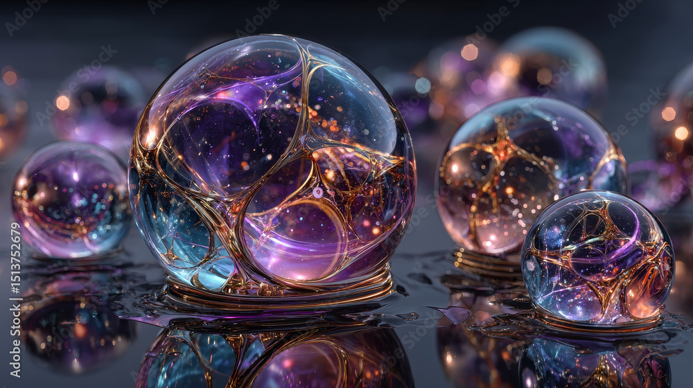 Poster realistic soap bubbles with rainbow reflection. colorful аalling soap bubbles. realistic soap bubble