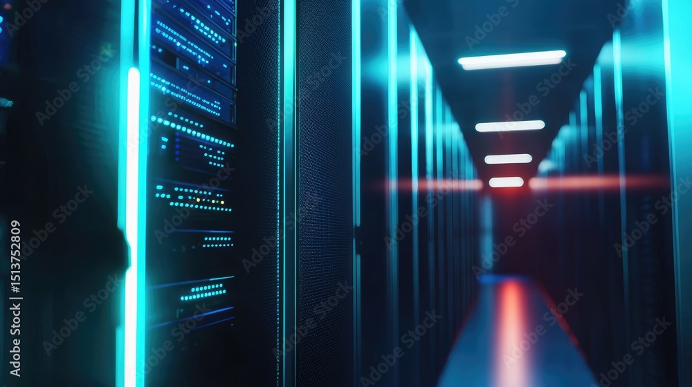 Leinwandbilder futuristic data center aisle with glowing cyan and red reflections on a high-tech corridor lined wit