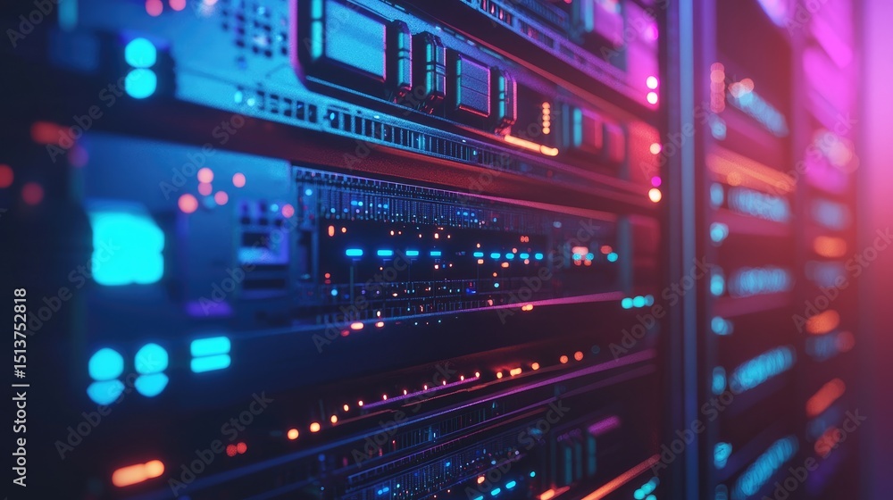 Poster close-up of vibrant illuminated server components with glowing circuits in a modern data center, ide