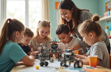 Kids, teacher build robots together during technology education class. Children learning robotics in school. Engineering project development in classroom. Happy kids teamwork, futuristic tech