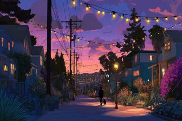 Naklejka premium Evening Stroll With Dog Under Cozy String Lights in a Peaceful Neighborhood at Twilight