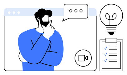 Man thinking inside video conferencing window, dialogue bubble, lightbulb idea, checklist. Ideal for collaboration, creativity, innovation, remote work, teamwork communication digital planning