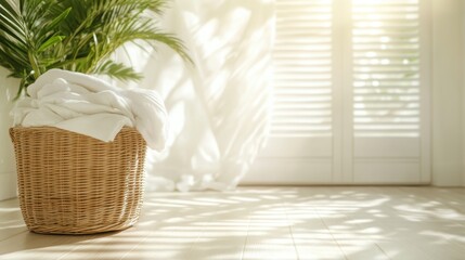 A woven basket filled with soft white towels sits beside a sunlit window, creating a serene and inviting atmosphere perfect for relaxation and comfort in any home setting.