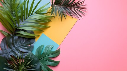 Colorful tropical leaves arranged on a pastel background.