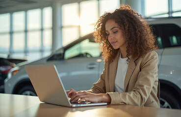 Attractive businesswoman works on laptop computer in modern car dealership setting. Confident lady uses tech. Female entrepreneur, digital nomad, auto sales. Natural light, business professional.
