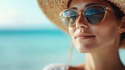 A woman wearing a stylish straw hat and sunglasses enjoys a sunny day by the beach, embodying the essence of summer and beach relaxation.