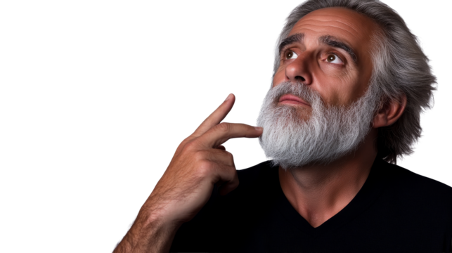 Senior man with gray beard looking up, pointing, cut out transparent