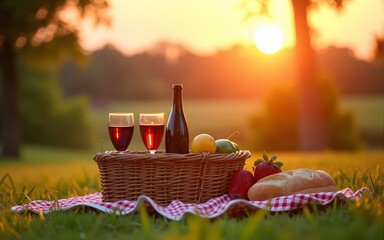 Sunset Picnic Basket with Wine Baguette and Fruits on Grass. High quality