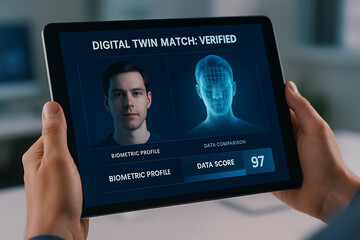 Tablet screen showing digital twin match verification with biometric profile comparison