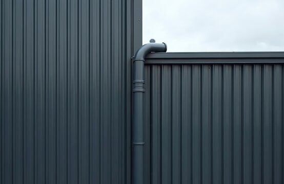 Industrial building black metal wall with plastic drain pipe against grey sky. Urban architectural modern construction exterior detail. Minimalist structure for business project. - Powered by Adobe