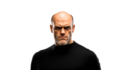 Intense portrait of bald man with beard, stern expression, cut out transparent